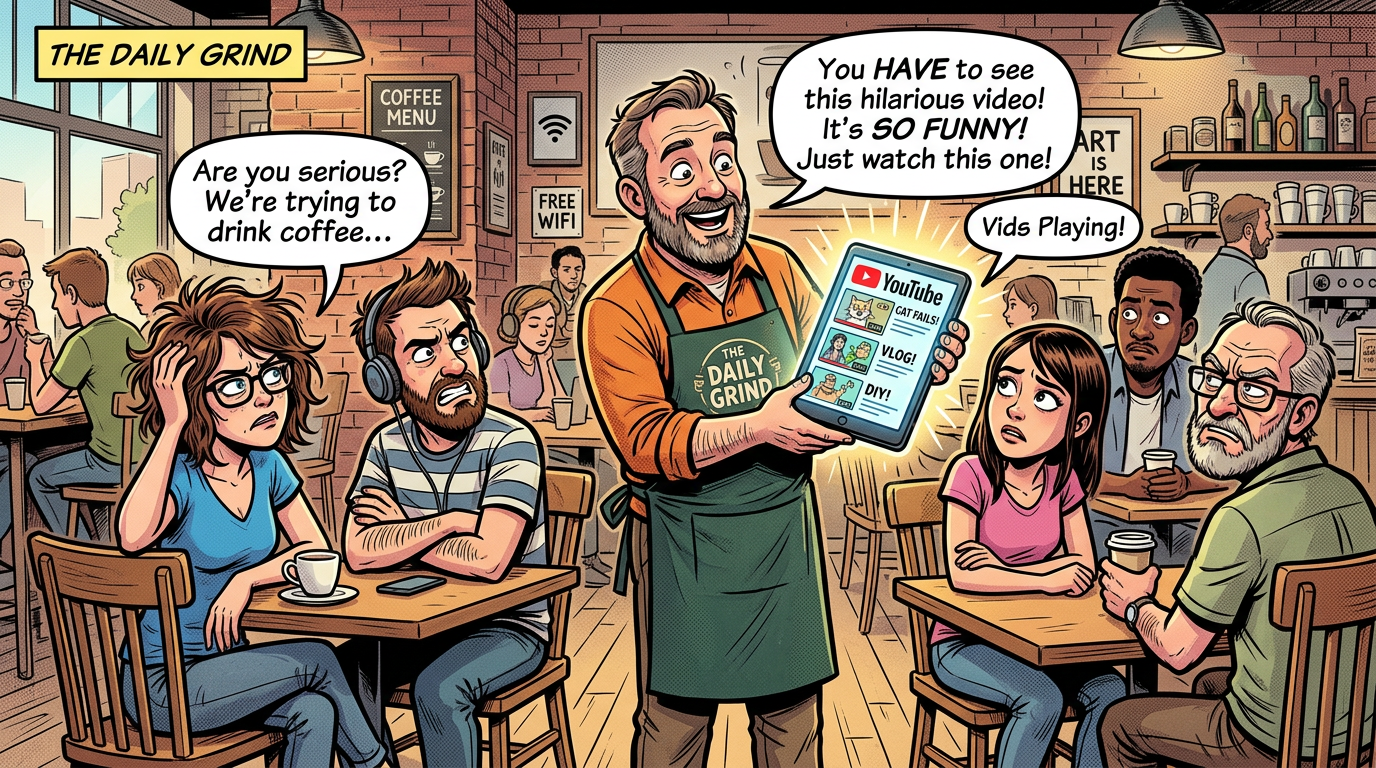 Comic café scene with barista showing YouTube videos; text reads “THE DAILY GRIND,” “Are you serious? We’re trying to drink coffee…,” “You HAVE to see this hilarious video! It’s SO FUNNY! Just watch this one!,” and “Vids Playing!”