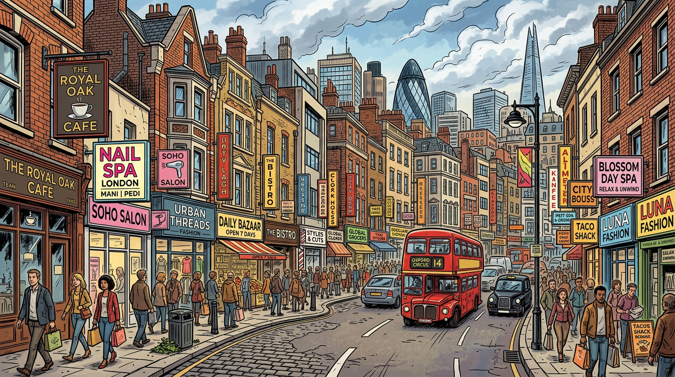 Busy London street with shops, pedestrians, red bus, and skyscrapers